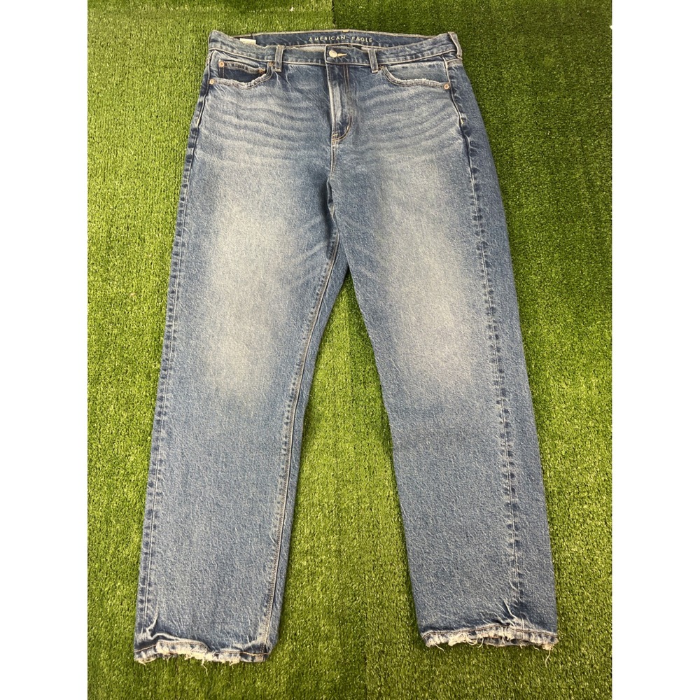 American Eagle High Rise Straight Leg Jeans Medium Wash Raw Hem 16 Regular
